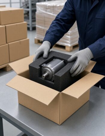 Servo motor packed in protective foam for export shipment