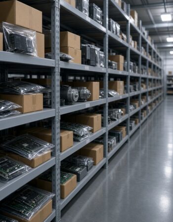 Industrial automation parts stored on warehouse shelves