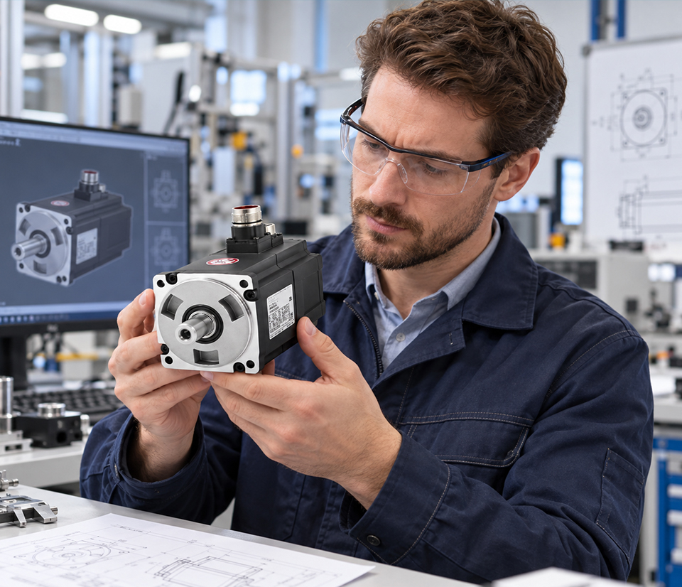 Engineer inspecting a servo motor in an automation workshop